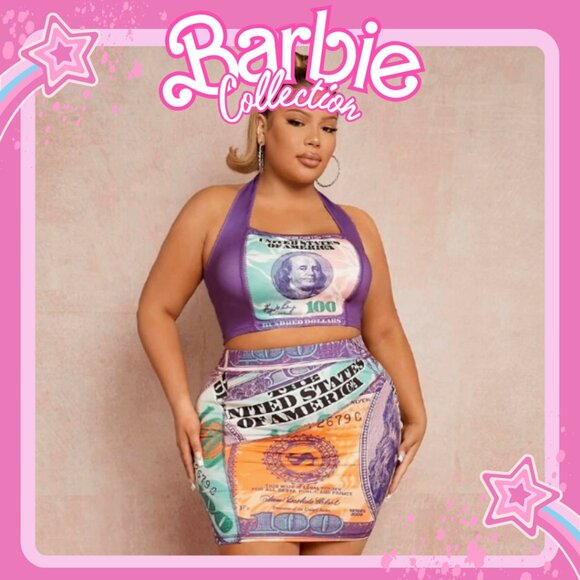 ✅ SXY Plus Dollar Print Crop Halter Top & Mini Skirt Set - Picture 1 of 12